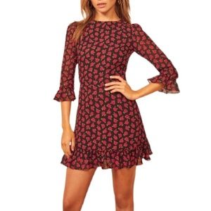 Reformation Black Mini Dress with Red Floral Design